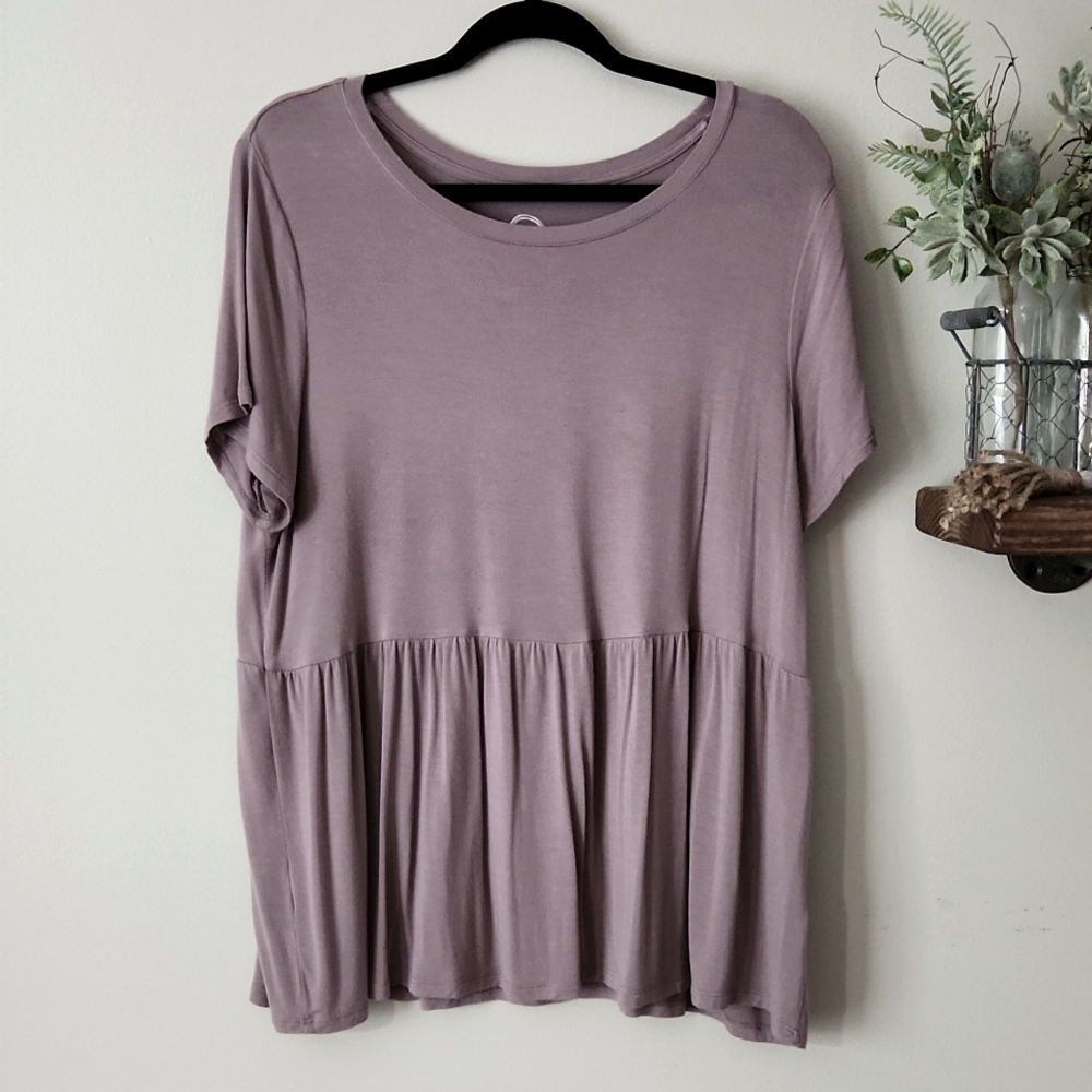 Maurices 24/7 Purple Short Sleeve Baby Doll Tee, Ruffles, Large